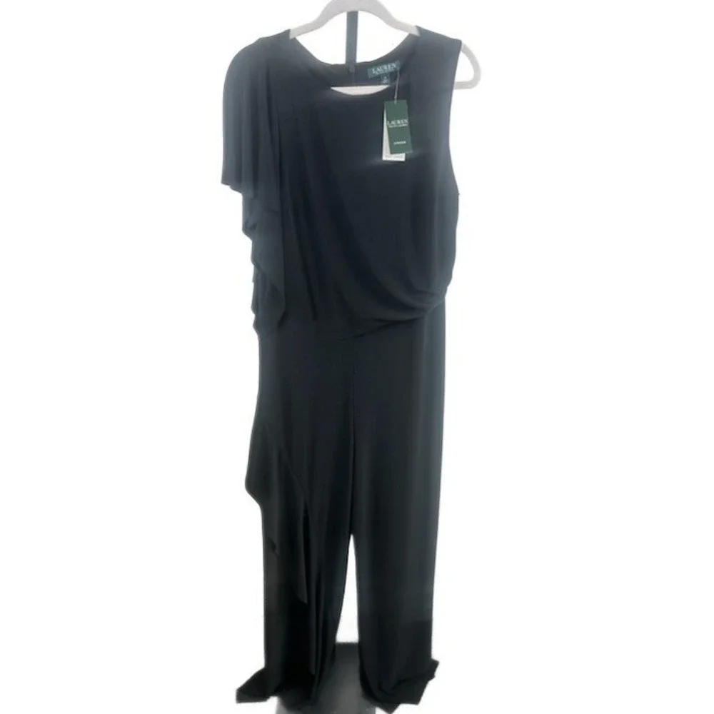 NWT Ralph Lauren Black Ruffle Shoulder Jumpsuit Cocktail Holiday Party Size‎ 16
